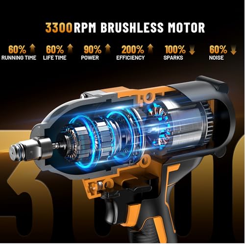 Takuoo Cordless Impact Wrench 1/2 Inch, Brushless Impact Gun 1200N.m (900ft-lbs) High Torque, 3300RPM w/ 2x 4.0Ah Battery, 6 Sockets/8 Drills/6 Screwdrivers, Power Electric Impact Wrench for Home Car