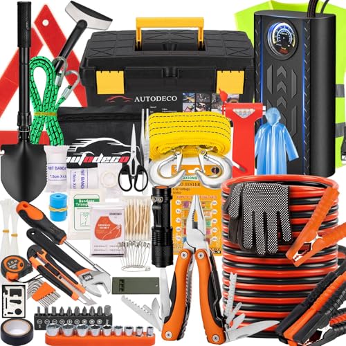 98 PCS Roadside Car Emergency Assistance Kit with Portable Air Compressor Jumper Cables Safety Hammer All in One Pliers Tool Set（Orange） - color: Orange