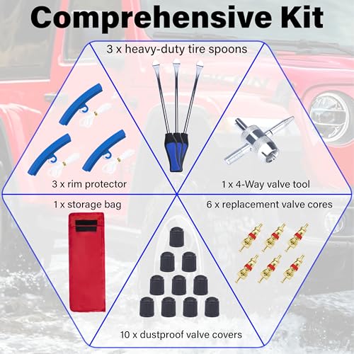 12.2 Inch Tire Spoons, Dirt Bike Tire Changing Tools, Tire Changing Kit, Tire Removal Tool, with Rim Protector, Valve Tool, Valve Cores and Caps, for Motorcycle/Lawn Mower/Tractor/Bicycle (Blue) | Tire Removal Tool, with Rim Protector, Valve Tool, Valve C