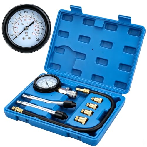8-Piece Engine Compression Tester Kit, 0-300 PSI Gas Engine Cylinder Pressure Gauge Set for Automotives and Motorcycles