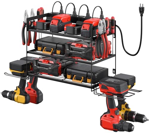 CCCEI Garage Tools Storage with Charging Station. Power Tool Battery Organizer Utility Shelf with Power Strip. 4 Drills Holder Wall Mount Rack, Black 3 Layer. - size: Small, style: 3 Layer