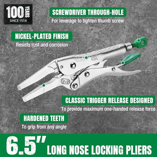 SK 6.5" Long Nose Locking Pliers, Vice Grips, Premium CR-V Steel | Vise Grip Pliers, Nickel-Plated Finish, Ergonomic Anti-slip Handle, Ideal for Welding or Assembly - size: 6.5"