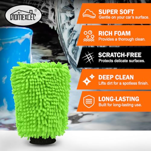HOMEXCEL Car Wash Mitt, Microfiber Washing Glove,10.2" x 6.7 ", 2PK Green | Microfiber Wash Mitts Scratch-Free & Lint-Free, Rich Foam, Highly Absorbent, Double Sided, for Car Washing and Detailing - color: Green