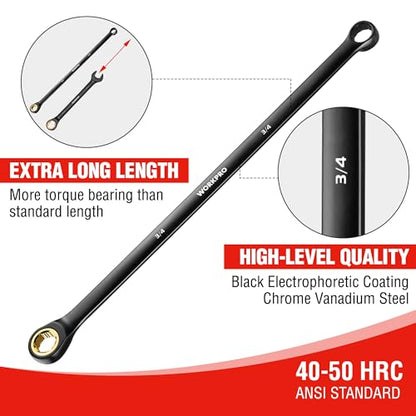 WORKPRO Extra Long Ratcheting Wrench Set, 9-Piece Anti-Slip Double Box Wrenches Set, SAE 5/16-3/4 in, 72-Teeth, Cr-V Steel and Black Electrophoretic Coating Wrenches with Rolling Pouch - size: SAE
