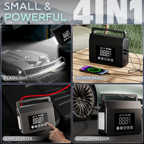 Hieha 4000A Jump Starter with Air Compressor, 12V Car Battery Jumper Starter Portable Booster for Dead Batteries, 150PSI Tire Inflator for Cars, Trucks & SUVs, USB-C Fast Charging Power Bank