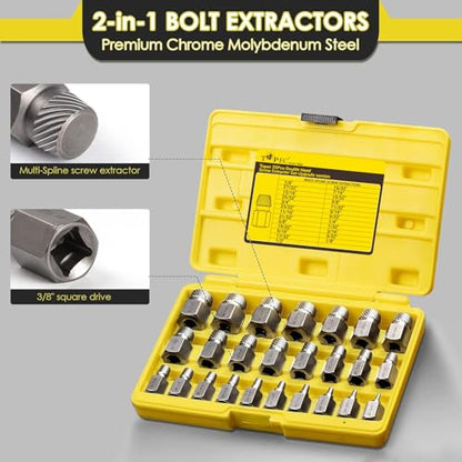 Topec 25Pcs-Double Head Screw Extractor Set, Newest Version 3/8” Drive 2-in-1 Functional Easy Out Bolt Extractor Set, Premium CR-MO Steel Rounded Bolt Remover - color: 25-piece 3/8'' Drive