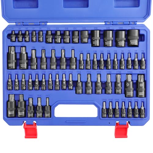 WORKPRO 60-piece Master Torx Bit Socket and External Torx Socket Set, 1/4", 3/8", 1/2" Drive Bits, Female E Sockets E4-E24, Star Socket Bits T6-T70, TT6-TT70, TP8-TP60, CR-V & S2 Alloy Steel - style: 60-piece master torx bit and E - socket set