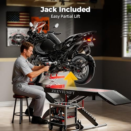1500 LB Motorcycle Lift Table, Heavy-Duty Air/Hydraulic 24" Wide Platform, Stand-Up Ergonomic Installation, Bonus Motorcycle Jack, Fits Harley, Indian & Custom Bikes - size: 24in