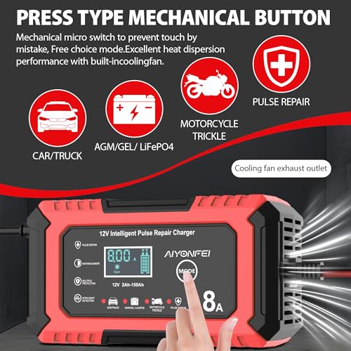 12V Battery Charger 8-Amp Smart Trickle Charger, Red | Battery Maintainer and Desulfator, Temperature Compensation, for Car, Truck, SUV, Motorcycle, Boat, Lead Acid, LiFePO4 ﻿ - color: Red