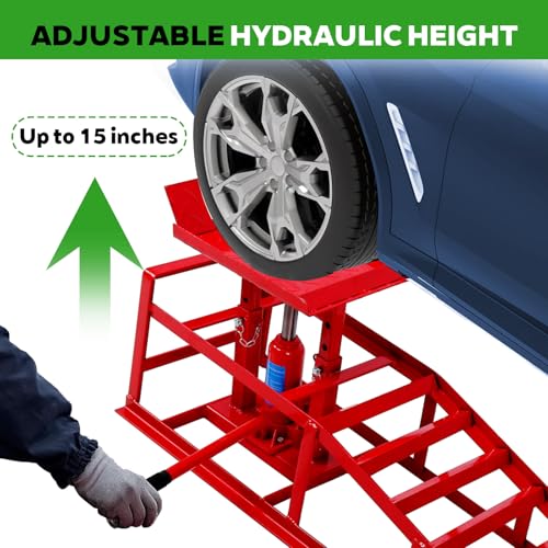 Anwick 2 Pack Hydraulic Car Ramps for Oil Changes, 5T Heavy Duty Steel Truck Ramps, Adjustable Lift Height, Low Profile Car Lift Ramp with Hydraulic Jack, Car Lifts for Home Garage (Red, 45") - color: Red