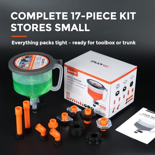 No-Spill Coolant Funnel Kit 15-Piece – Radiator Burping Funnel with Rotary Shut-Off Valve, GM & Ford Threaded Adapters, Extensions, 45° Elbows for Universal Cars & Trucks Cooling System Air Bleeding