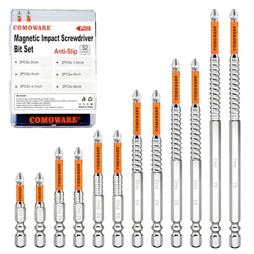 COMOWARE High Magnetic Screwdriver Drill Bit Set, 12PCS, #2 Anti-Slip Long Phillips Bits, S2 Steel, Chrome Plated for Rust Resistance, 2–6" Magnetic Impact Bits for Power Drill - color: Ph2 12pcs