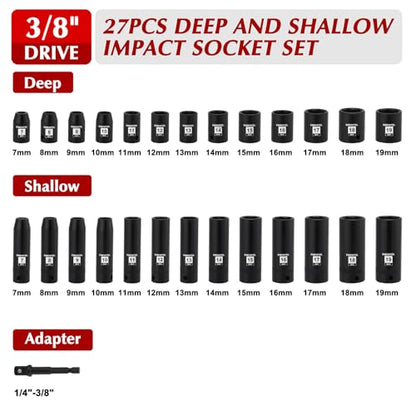 EMENTOL 3/8" Drive Impact Socket Set, 27PCS, Metric(7mm to 19mm), Deep and Shallow, 6 Point, Includes Drill Bit Adapter - size: 3/8" Drive (7mm-19mm),6 Point