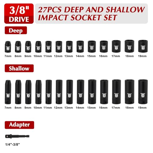 EMENTOL 3/8" Drive Impact Socket Set, 27PCS, Metric(7mm to 19mm), Deep and Shallow, 6 Point, Includes Drill Bit Adapter - size: 3/8" Drive (7mm-19mm),6 Point