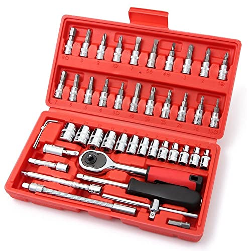 46 Pcs 1/4” Drive Socket Ratchet Wrench Set with Storage Case, Includes Metric Bit Socket Set and Extension Bar for Auto Repair and Home Maintenance - size: 1/4” Drive 46Pcs