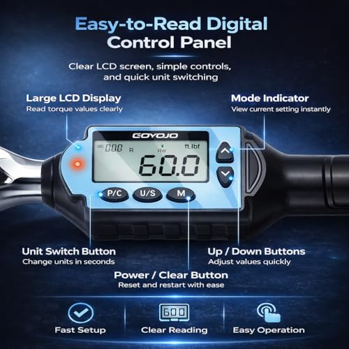 GOYOJO 1/4" Digital Torque Wrench 0.7–22ft-lbs/0.9–30 N.m High-Precision Professional Tool for Automotive, Motorcycle, Bicycle & DIY ±2% High Accuracy - size: 1/4 drive 0.7–22 ft-lbs