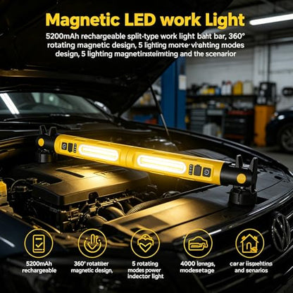 Magnetic LED Work Light 5200mAh Underhood Repair Split Portable Light | charge mobile phone,360° Rotatable , 5 Lighting Modes , Hook Design, 3000LM Work Light for Garage, Workshop, Car Inspection