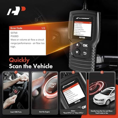 A-Premium AD100 Universal OBD2 Scanner Diagnostic Tool Car Code Reader | OBDII/EOBD/CAN Scan Tool, Check Engine Light/Read Clear Fault Codes/Smog Check/Live Data Stream/Battery Test, For Car 1996+ - style: Basic Scan Tool AD100