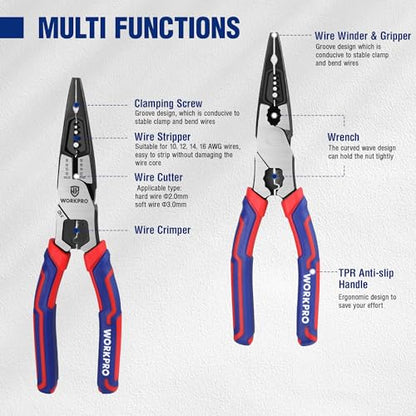 WORKPRO 6-in-1 Needle Nose Pliers, 8 Inch Multipurpose Long Nose Pliers with Wire Stripper/Crimper/Cutter Function, Premium Heavy-Duty CRV Steel Hand Tool Plier for Home, Crafts