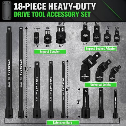 18-piece Impact Socket Extension Set Tools, Swivel Universal Joint, Deep 1/4", 3/8", 1/2" Drive Socket Adapter, Extension Bar, 3 Ratchet Coupler, CR-V Steel Alloy Corrosion-Resistant Mechanic Tools - style: 18-Piece Socket Extension