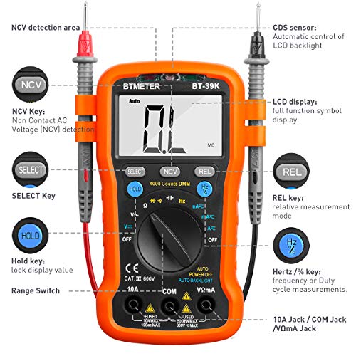 BTMETER BT-39K Digital Multimeter with Case, 4000 Count Volt Ohm Amp Tester, Auto ranging Voltmeter DMM for AC/DC Current, Voltage, Resistance Frequency, with NCV, Continuity, Diode, Auto Backlight