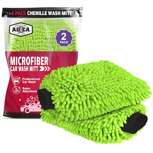 AIDEA Car Wash Mitt Microfiber, 2PK, Car Wash Brush, Green, 8''X12'' | Scratch Free Lint Free, Premium Chenille Microfiber Wash Mitt, Cleaning Supplies, Extra Large Size - color: Green, size: 2PK-8''X12''