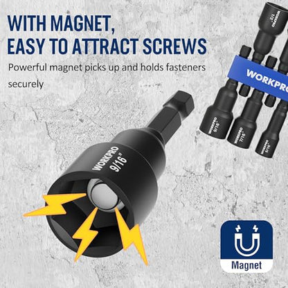 WORKPRO 6 PCS Magnetic Nut Driver Set, 1/4" Hex Shank, Drill Socket Set, Impact Driver Bit Set, 1/4” to 9/16”, Chrome Vanadium Steel, SAE - size: 6PCS Magnetic Nut Driver Set