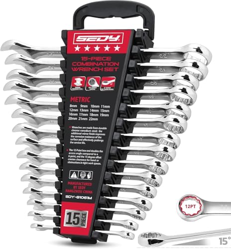 15-Piece Metric Combination Wrench Set, 8–22mm 12-Point Open End and Box End Wrench Kit with Organizer, Chrome Vanadium Steel Tools for Mechanics, Garages and Workshops - style: 15-Piece Combination (Metric)