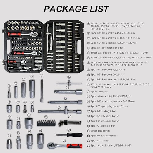 171-Piece Socket and Ratchet Wrench Set - Portable Home Basic Repair Tool Kit, Black Tool Box Set Hand Tool Kit with Combination Wrenches and Lock, Perfect for Homeowner, Diyer, Handyman - size: 171-Piece Hand Tool Kit