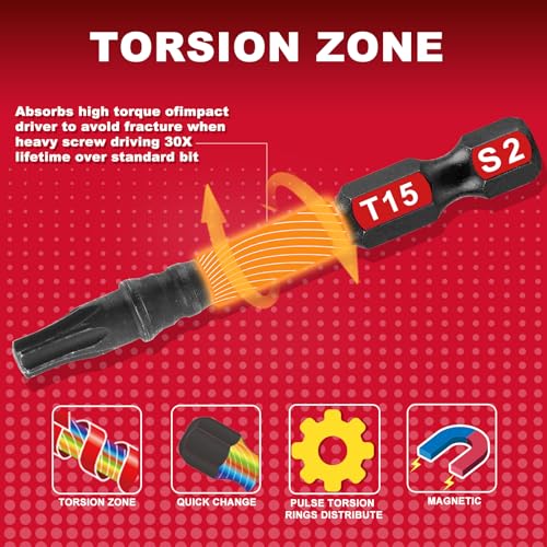 Geinxurn 5 Pieces T15 2 In. Impact Tough Magnetic Insert Bit Set, #15 Torx Head Power Bits, S2 Alloy Steel Star T15 Screwdriver Bits Set - size: 2"-5PCS, style: T15