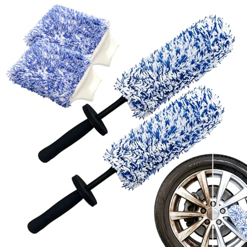 Wheel Barrel Cleaning Brush,2026 New Long Handle Microfiber Wheel Brush Car Duster,Lightweight Rim Detailing Tool for Narrow Spokes & Brake Calipers (Blue Set/2 Set) - color: Blue Set/2 Set