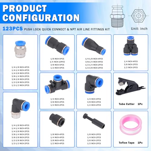 123 Pcs Quick Connect Air Line Fittings Kit Pneumatic Push Lock Air Fittings 1/8",1/4",3/8",1/2" Push to Connect & NPT Thread Air Hose Fittings Quick Release Airline Fitting Kit - color: Black-123PCS