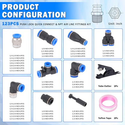 123 Pcs Quick Connect Air Line Fittings Kit Pneumatic Push Lock Air Fittings 1/8",1/4",3/8",1/2" Push to Connect & NPT Thread Air Hose Fittings Quick Release Airline Fitting Kit - color: Black-123PCS
