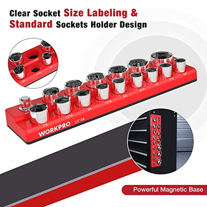 WORKPRO Magnetic Socket Organizer, 1/2-Inch SAE Socket Holder | Hold 16-Piece Sockets, Suitable for Standard and Deep Socket, Magnetic Base, No Scratches Installation, Sockets not Included - size: 1/2" DR - SAE