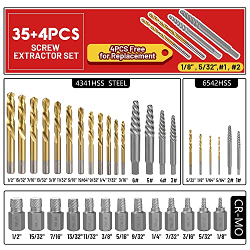 39 Pcs Screw Extractor Set Left Hand Drill Bit Set Easy Out | 6542/4341 HSS Multi-Spline Stripped Screw Extractor Set for Removing Damaged Broken Rusted Nuts, Bolts - size: 39Pcs