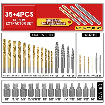 39 Pcs Screw Extractor Set Left Hand Drill Bit Set Easy Out | 6542/4341 HSS Multi-Spline Stripped Screw Extractor Set for Removing Damaged Broken Rusted Nuts, Bolts - size: 39Pcs