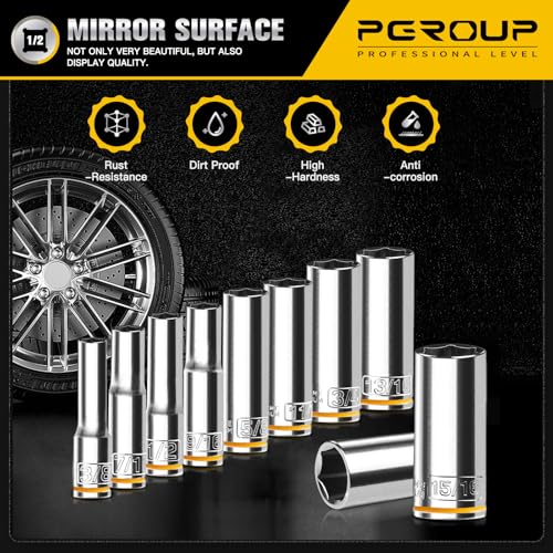 10PCS 1/2” Drive Deep Socket Set, SAE (3/8"-15/16"), 6-Point, Cr-V Steel, Chrome Plated Socket With Hanging Bracket, Cover Most Commonly Sizes - size: 1/2"SAE (3/8"-15/16")
