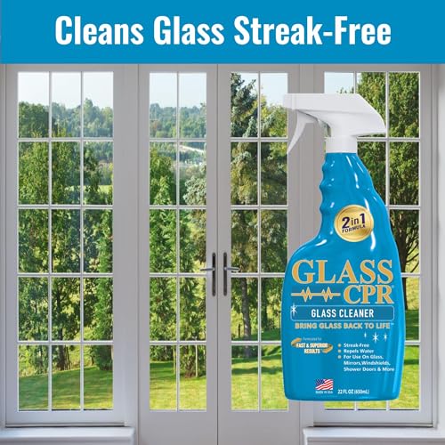 Glass CPR 2-in-1 Glass Cleaner and Water Repellent, 22 oz Spray plus 2 Microfiber Applicator Towels, Streak-Free for Shower Doors, Windshields, Mirrors, Hard Water Stain Formula, Made in USA