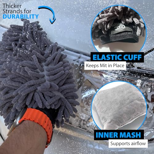2 Pack Car Wash Mitt Microfiber - Double-Sided 70/30 Premium Chenille for Scratch-Free, Lint-Free Detailing - High-Density, Extra-Absorbent Wash Mitts for Car Washing & Accessories - Large 11x8 Inch