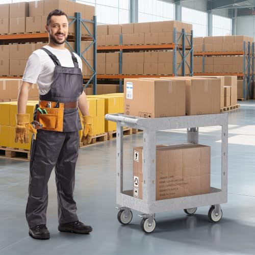 Large Garage Plastic Utility Cart, Heavy Duty 2 Shelf Tool Cart Service Cart Rolling Push Carts with Ergonomic Handle 5" Swivel Casters. - color: Gray, size: 34 x 17 Inch