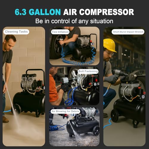 AAIN Ultra Quiet Air Compressor, 6.3 Gallon, Oil-Free, 1.5HP, 6 CFM, 116PSI | 70dB Noise Level Air Compressor with Wheels for Spray Painting, Auto Repair, Carpentry Decoration