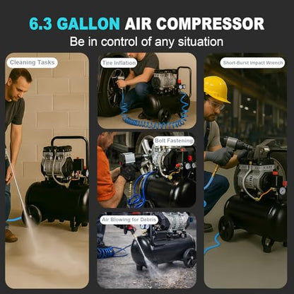 AAIN Ultra Quiet Air Compressor, 6.3 Gallon, Oil-Free, 1.5HP, 6 CFM, 116PSI | 70dB Noise Level Air Compressor with Wheels for Spray Painting, Auto Repair, Carpentry Decoration