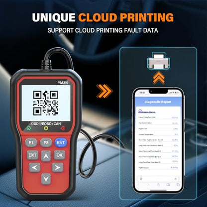BluSon YM319 OBD2 Scanner Diagnostic Tool with Battery Tester, Check Engine Fault Code Reader with Live Data, Cloud Printing, DTC Lookup, Freeze Frame, Scan Tool for All OBDII Cars Since 1996, Red - color: Red