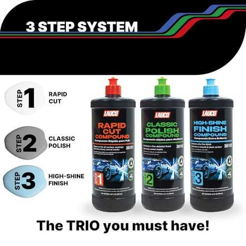 LAUCO 3-Step Kit – Steps 1 2 3 – 32oz, with a Towel, Professional Silicone-Free Cutting, Polishing & Finishing Compounds for Scratch Removal, Clear Coat Safe High-Gloss Finish - style: Combo–32oz