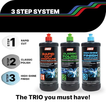 LAUCO 3-Step Kit – Steps 1 2 3 – 32oz, with a Towel, Professional Silicone-Free Cutting, Polishing & Finishing Compounds for Scratch Removal, Clear Coat Safe High-Gloss Finish - style: Combo–32oz