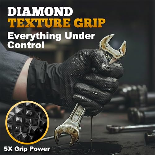 TitanFlex Heavy Duty Black Industrial Nitrile Gloves, 8-mil, Large, Box of 100, Latex Free, Raised Diamond Texture, Powder Free, Food Safe, Rubber Gloves, Mechanic Gloves(L)