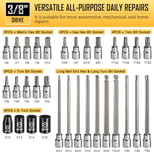 BOEN 84-Piece Master SAE/Metric Allen and Torx Bit Socket Set | 1/4″, 3/8″, 1/2″ Drive | Includes Ball End Hex & E-Torx Sockets | S2 & CR-V Steel