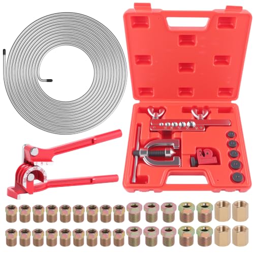 1/4" Brake Line Repair Kit, Double & Single Brake Line Flaring Tool Kit + 25ft 1/4 Inch Zinc Coated Brake Line with 32 Pcs Fittings(4 Unions Included) + Brake Line Bender - color: Silver, size: 1/4"