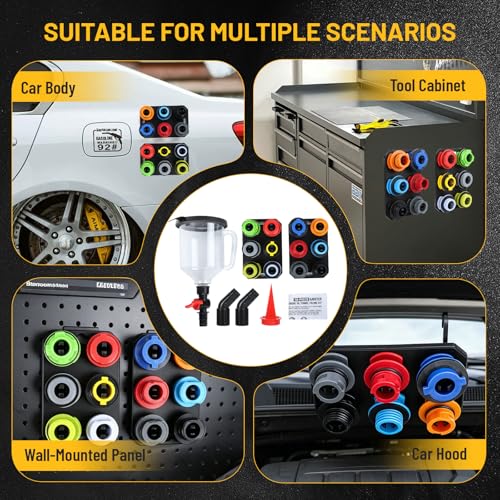 18Pcs Oil Funnel Kit, 1.59QT/1.5L Automotive Oil Funnel Set with 12 Adapters, Elbow Fitting, Arrow Screen and Magnetic Storage Hooks Tray, Compatible with BMW, Audi, GM, Ford Land Rover Etc
