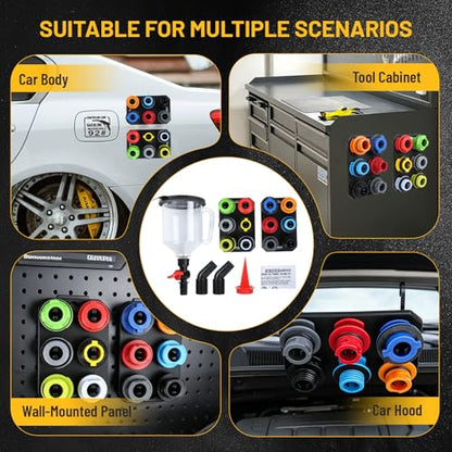 18Pcs Oil Funnel Kit, 1.59QT/1.5L Automotive Oil Funnel Set with 12 Adapters, Elbow Fitting, Arrow Screen and Magnetic Storage Hooks Tray, Compatible with BMW, Audi, GM, Ford Land Rover Etc